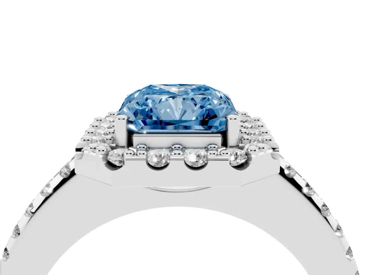 Fancy Blue Radiant Cut Diamond Pavé Halo Ring with Four-Prong Setting Silver