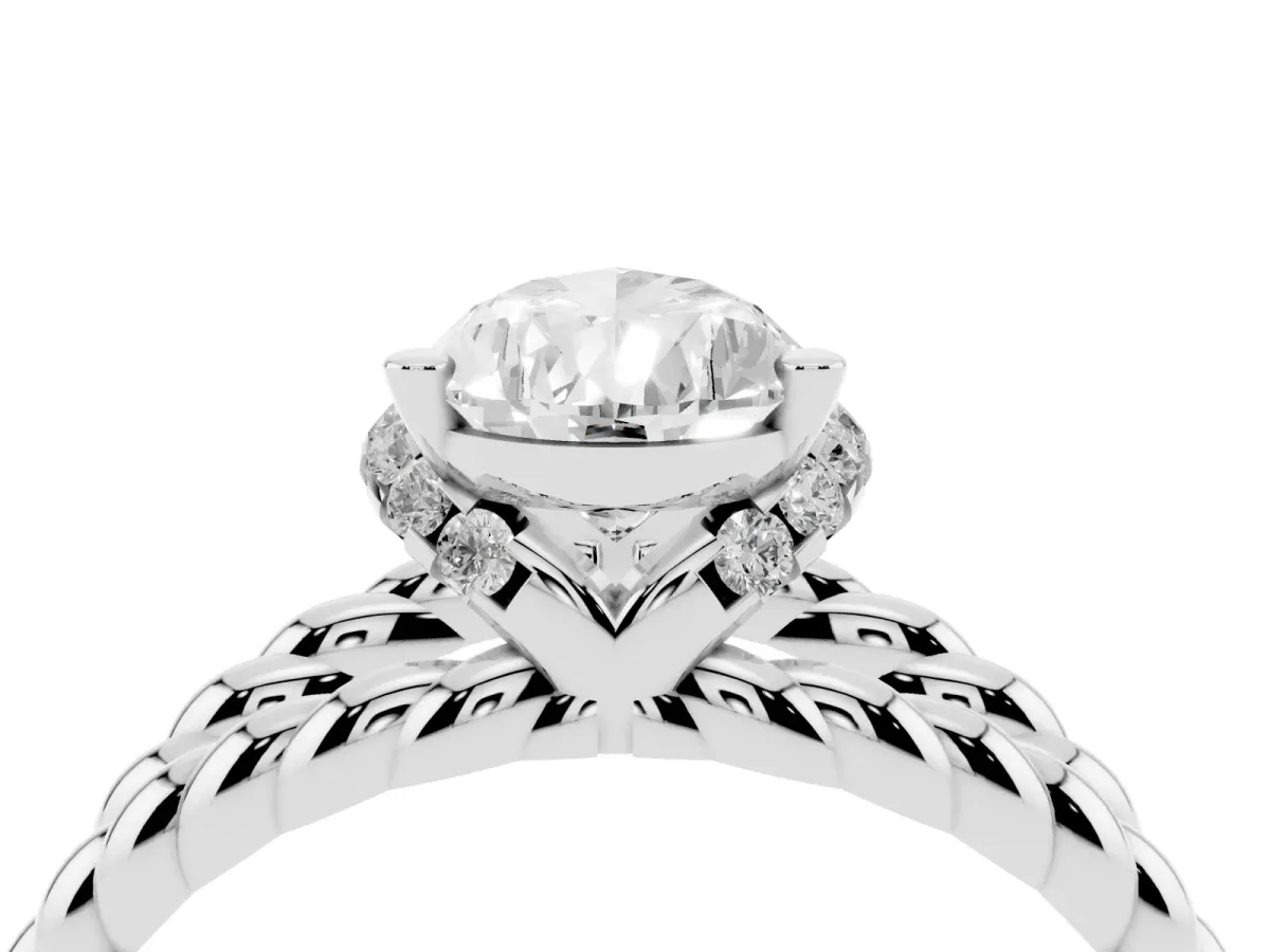 Pear Cut Halo Twisted Band Four-Prong Ring Platinum