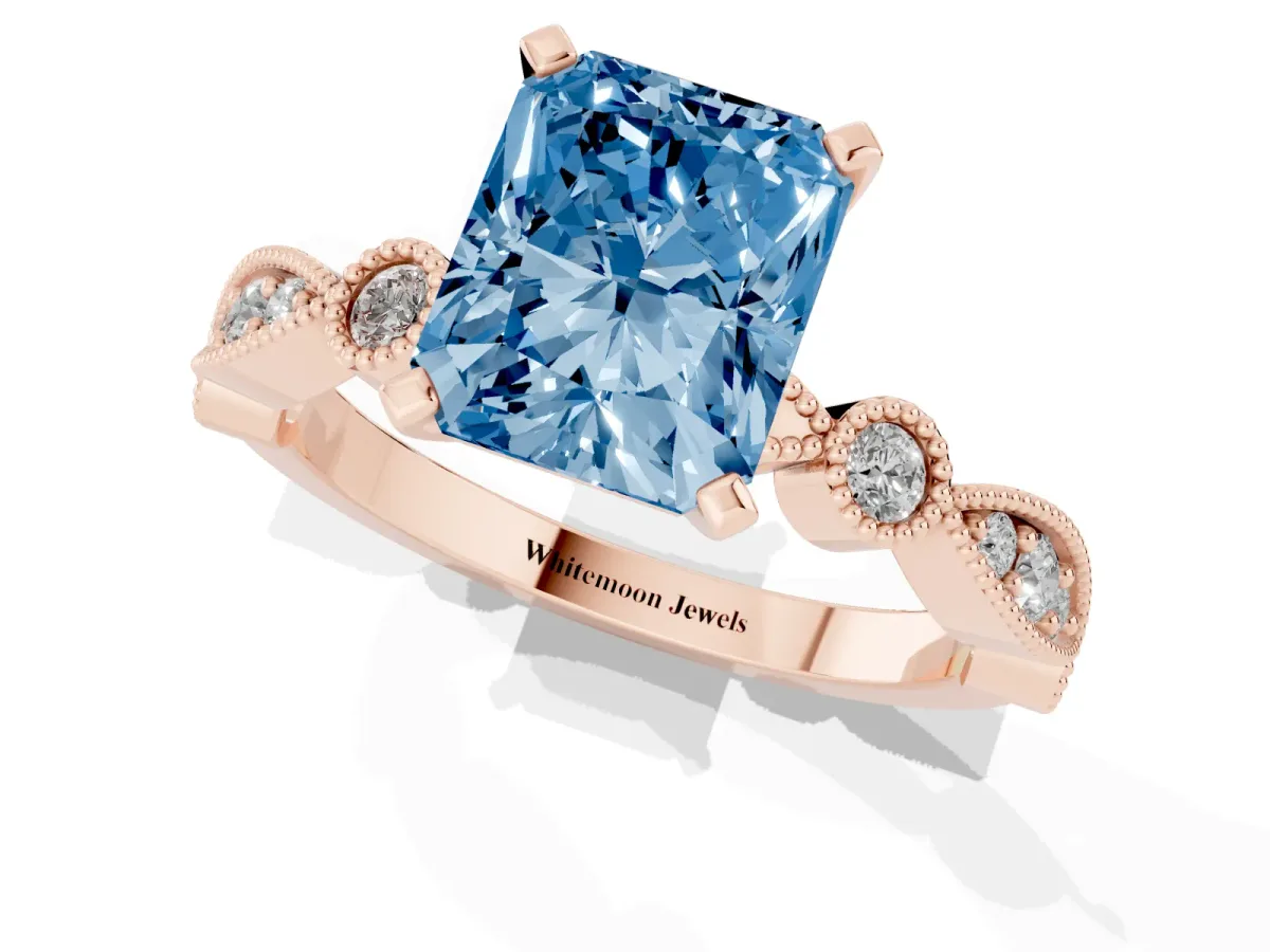 Fancy Blue Radiant Cut Milgrain Bezel Diamond Engagement Ring with Solitaire Prong Setting Rose gold