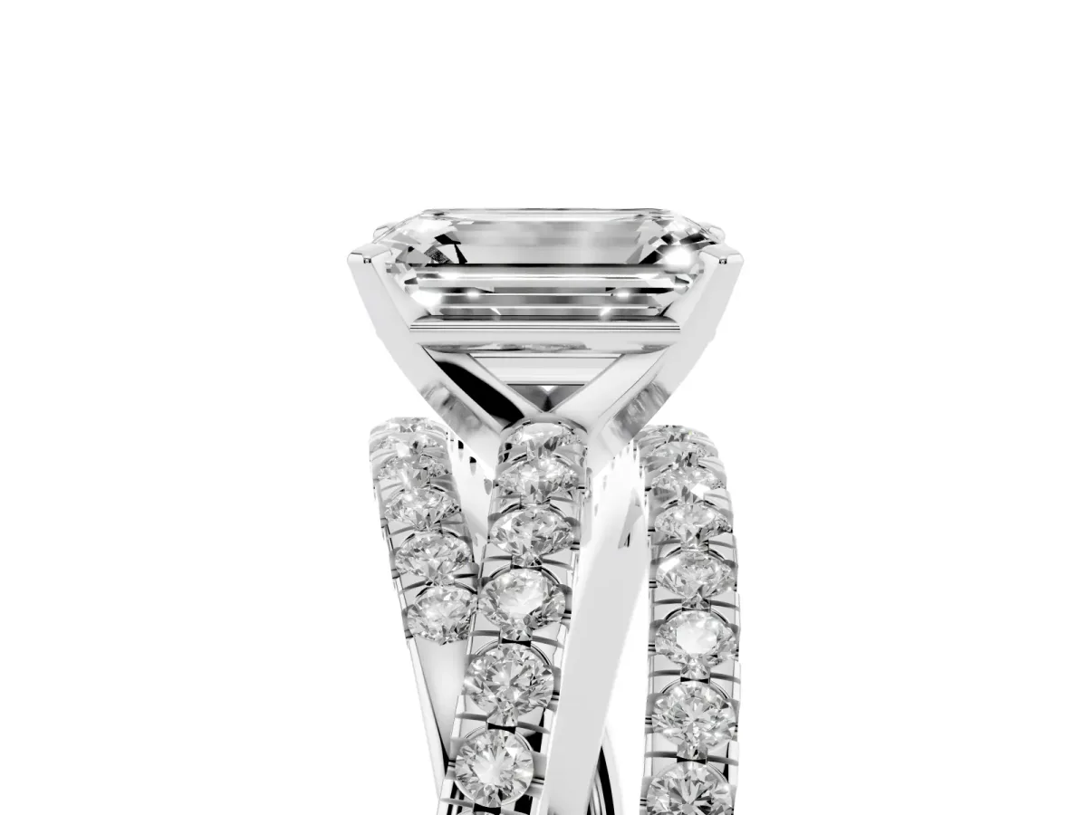 Emerald Cut Solitaire Twist Band with Pavé Setting and Four-Prong Setting Silver