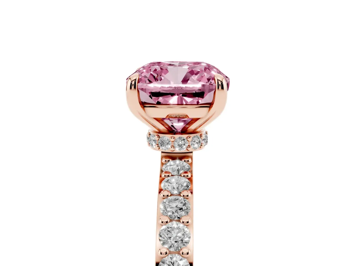 Fancy Pink Cushion Cut Diamond Solitaire Engagement Ring with Pavé Band and Four-Prong Setting Rose gold