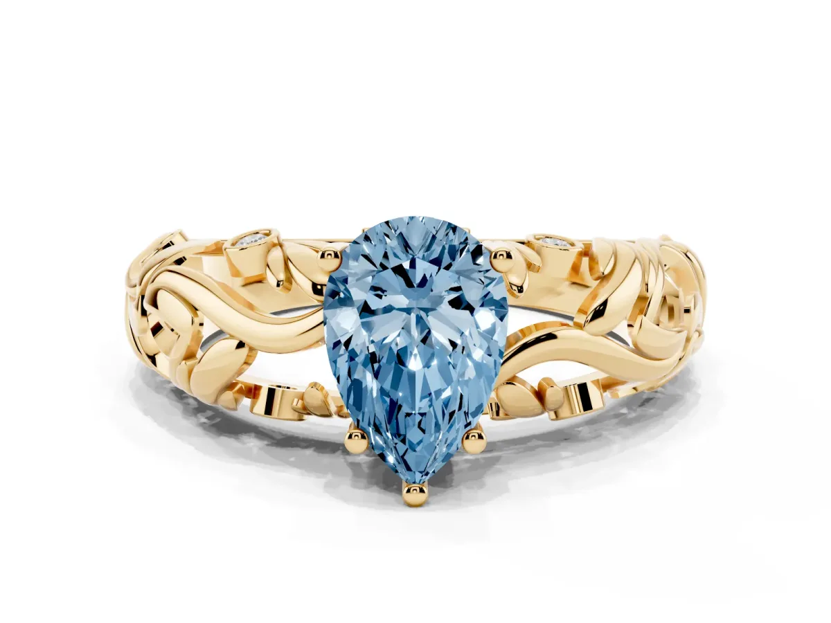 Fancy Blue Pear Cut Solitaire Diamond Leaf-Inspired Vine Band Ring with Prong Setting Yellow gold
