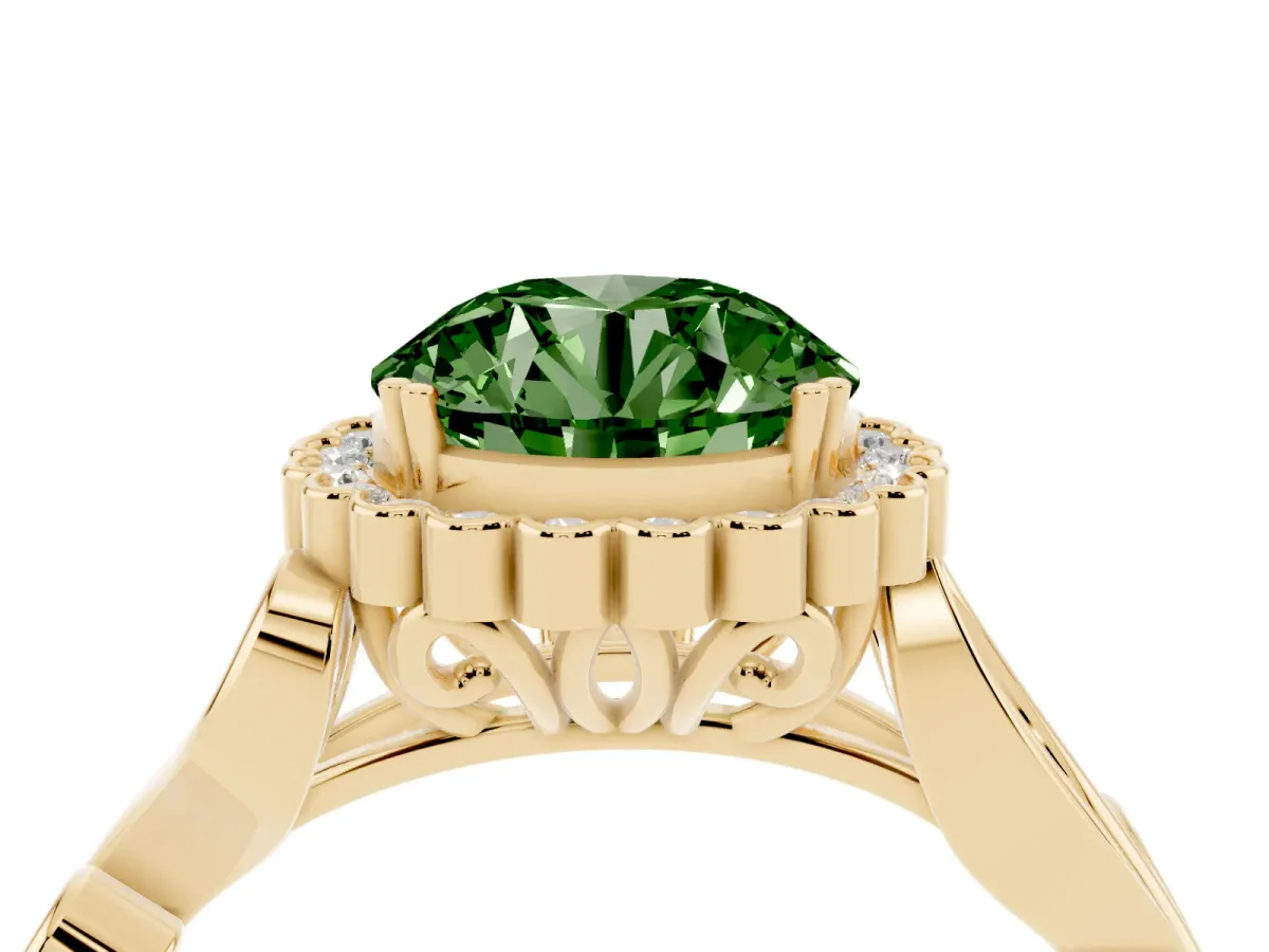 Fancy Green Round Cut Diamond Halo Ring with Vintage Split Shank and Four-Prong Setting Yellow gold