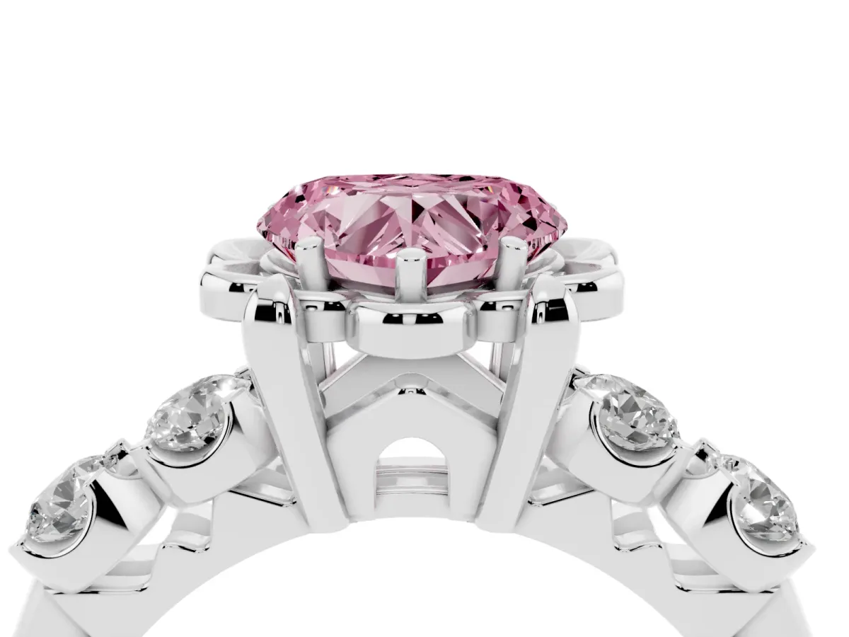 Fancy Pink Heart Cut Cut Diamond Floral Halo Engagement Ring with Shared Prong Setting Silver