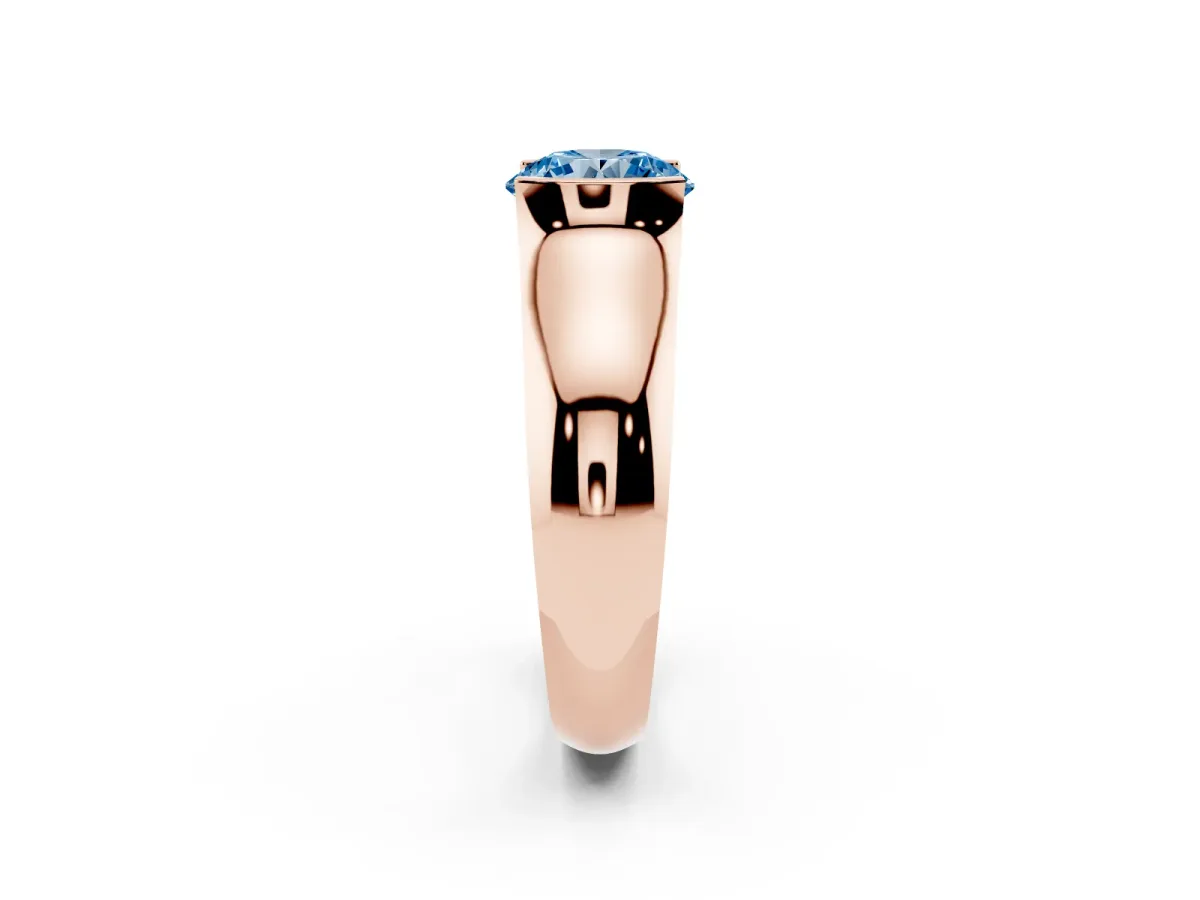 Fancy Blue Round Cut Solitaire Bezel Set Diamond Ring with Wide Band Rose gold