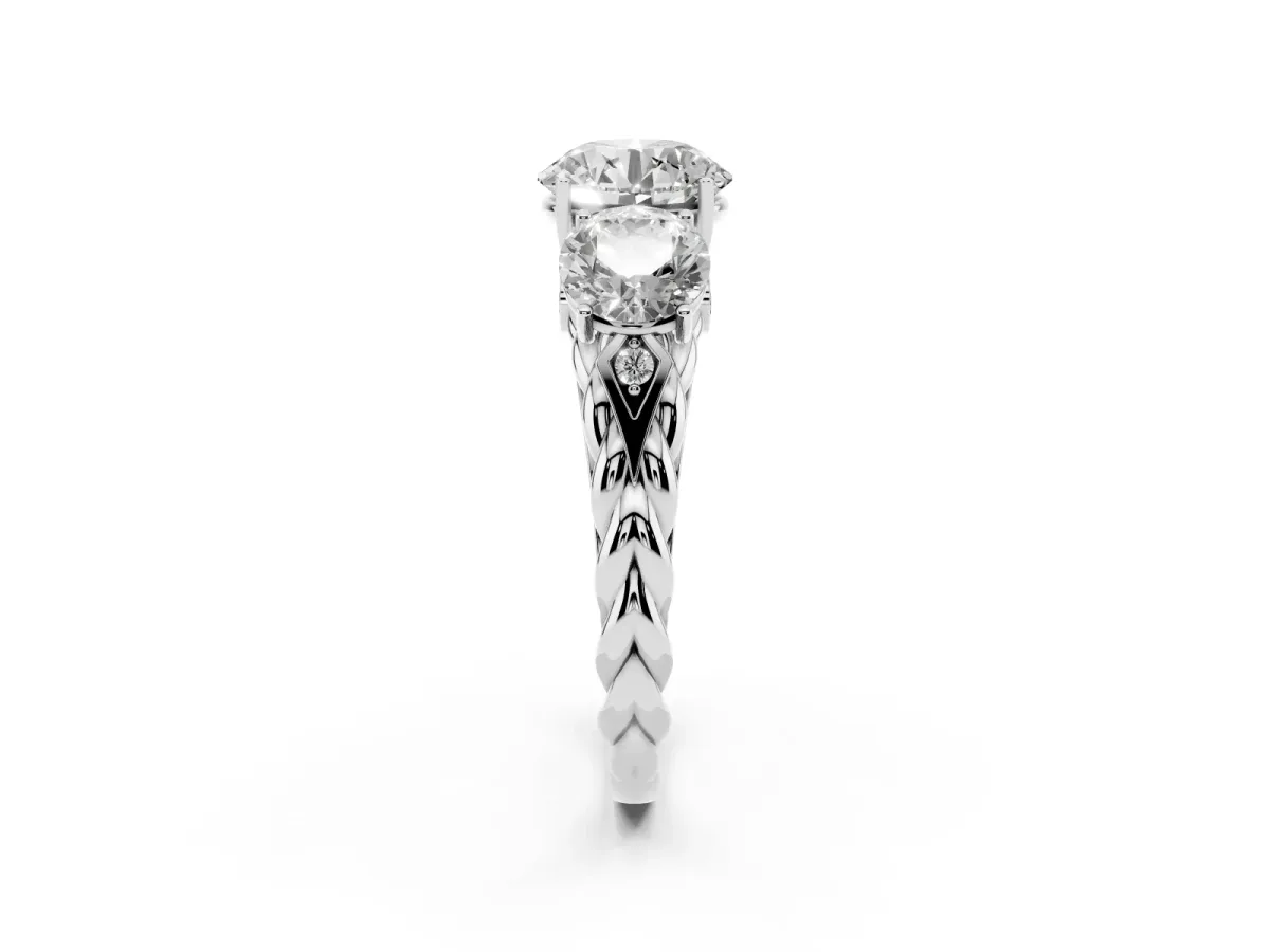 Three-Stone Round Cut Diamond Braided Band Ring with Four-Prong Setting Platinum