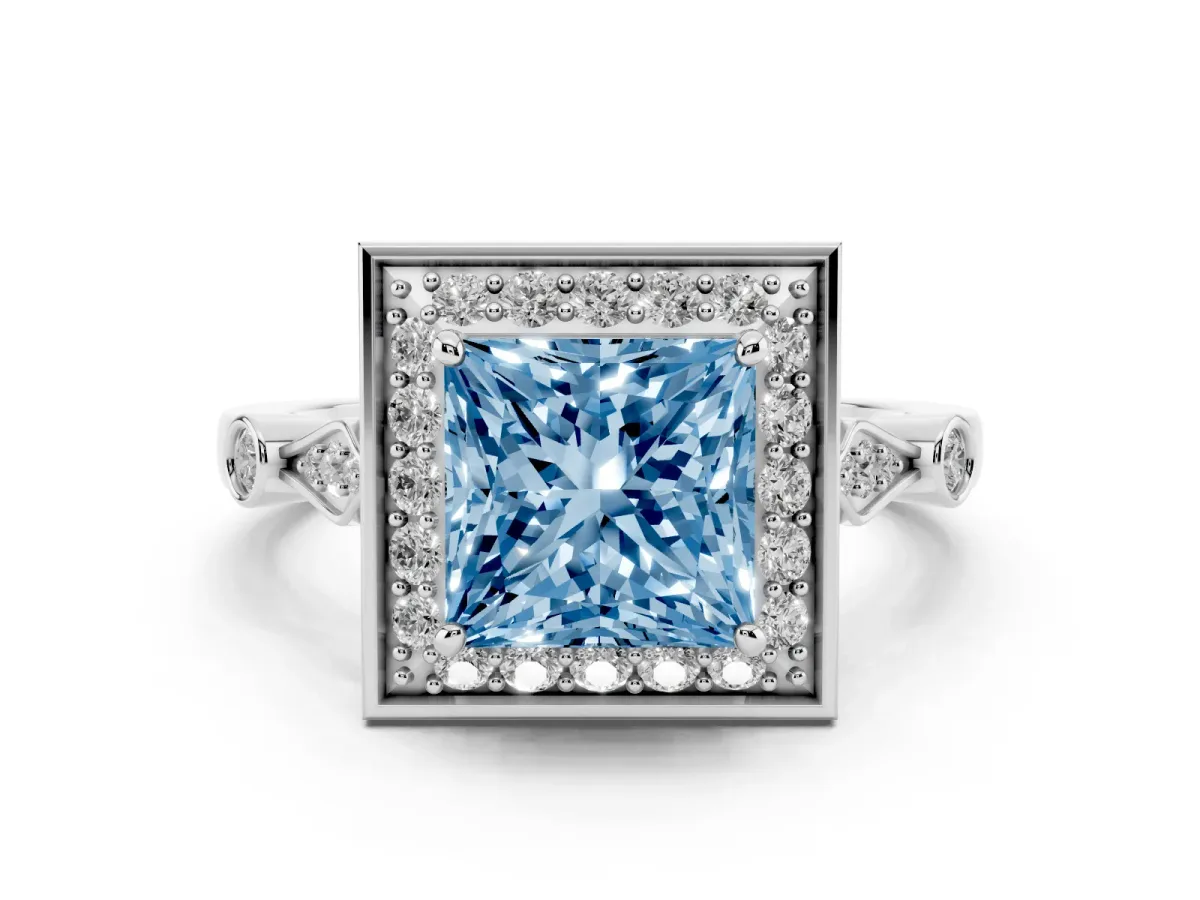 Fancy Blue Princess Cut Halo Diamond Engagement Ring with Twisted Band and Four-Prong Setting Platinum