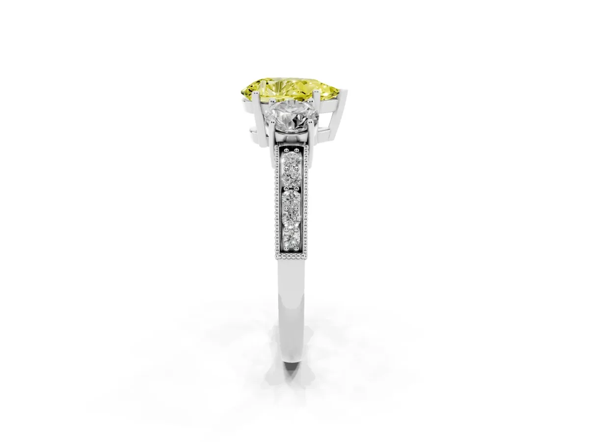 Fancy Yellow Pear Cut Three-Stone Diamond Ring with Pavé Band and Four-Prong Setting Silver