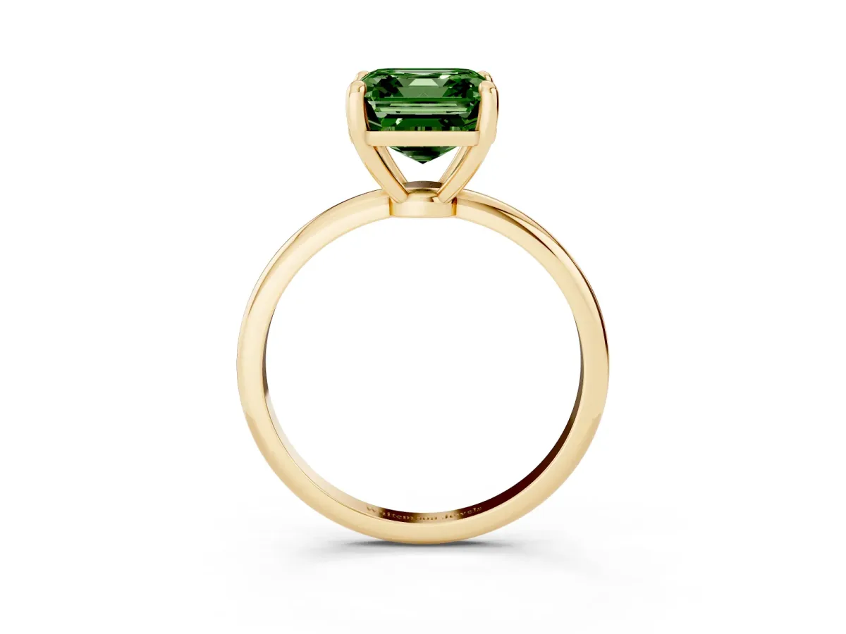Fancy Green Asscher Cut Solitaire Diamond Ring with 4-Prong Setting on a Classic Band Yellow gold