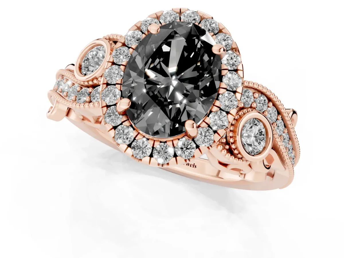 Fancy Black Oval Cut Halo Diamond Ring with Milgrain and Bezel Accents on a Split Shank Band Rose gold