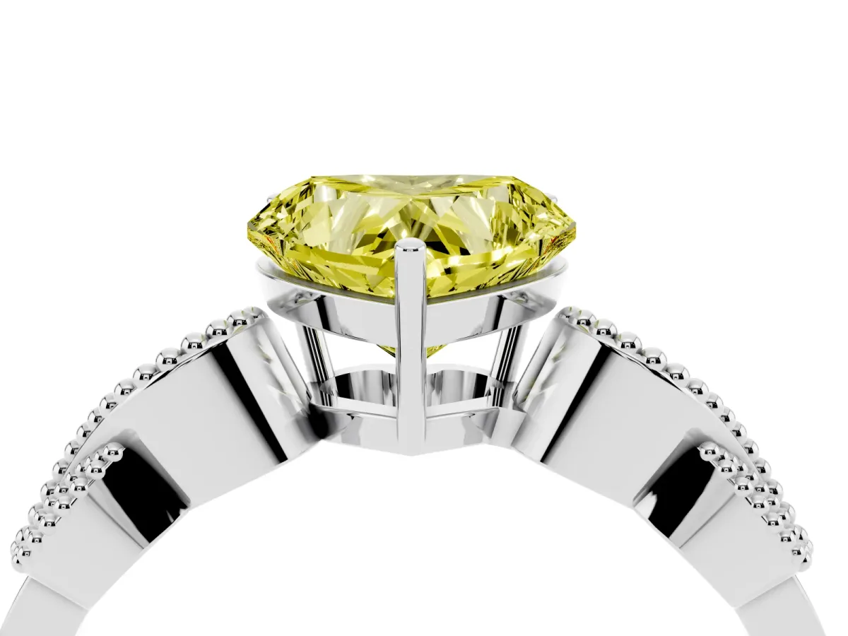 Fancy Yellow Heart Cut Solitaire Milgrain Leaf Band with Prong Setting White gold