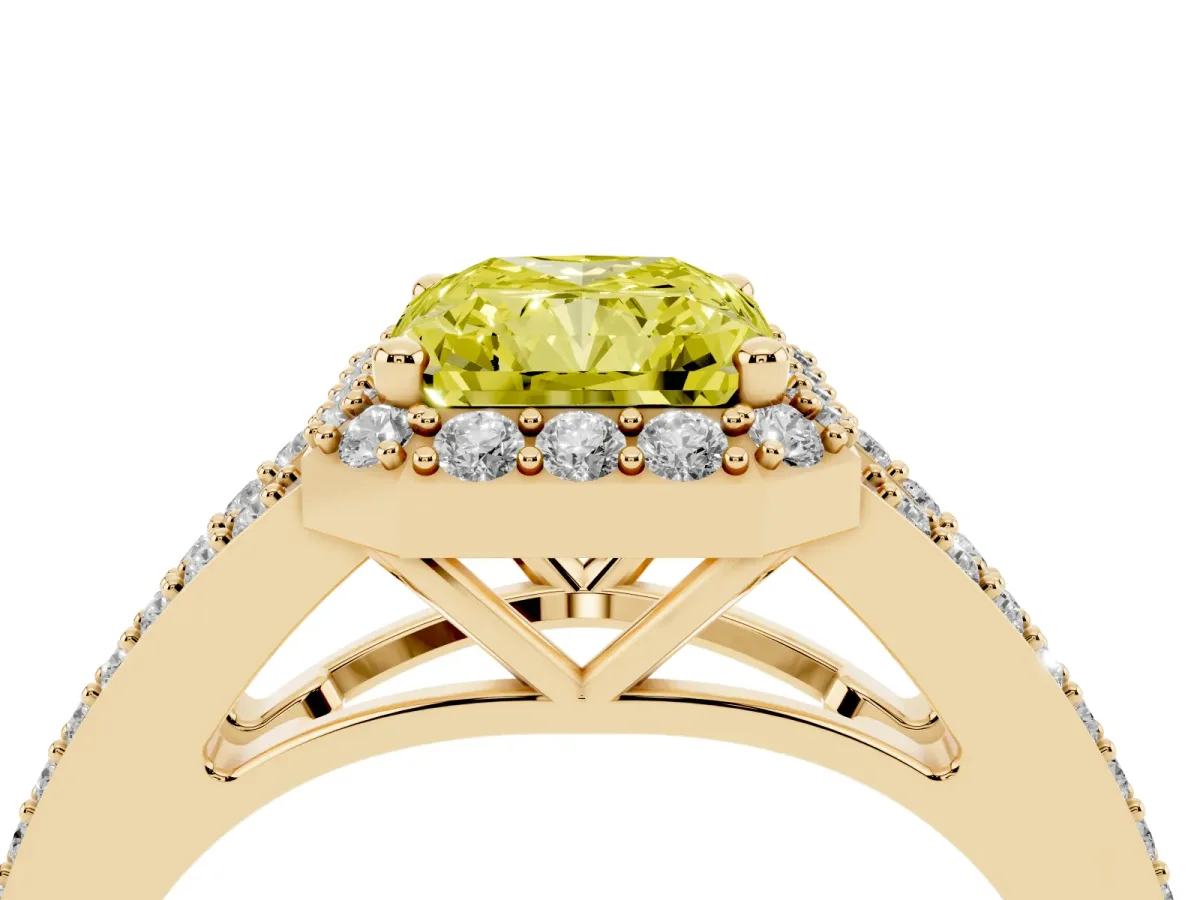 Fancy Yellow Radiant Cut Halo Split Shank Pave Diamond Ring with Four-Prong Setting Yellow gold
