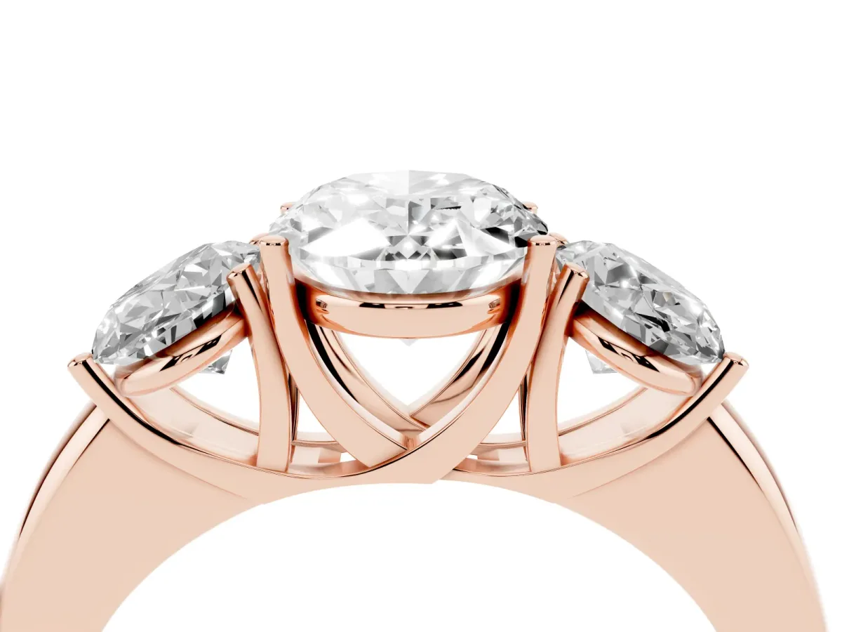 Oval Cut Diamond Three-Stone Ring with Four-Prong Setting and Classic Band Rose gold