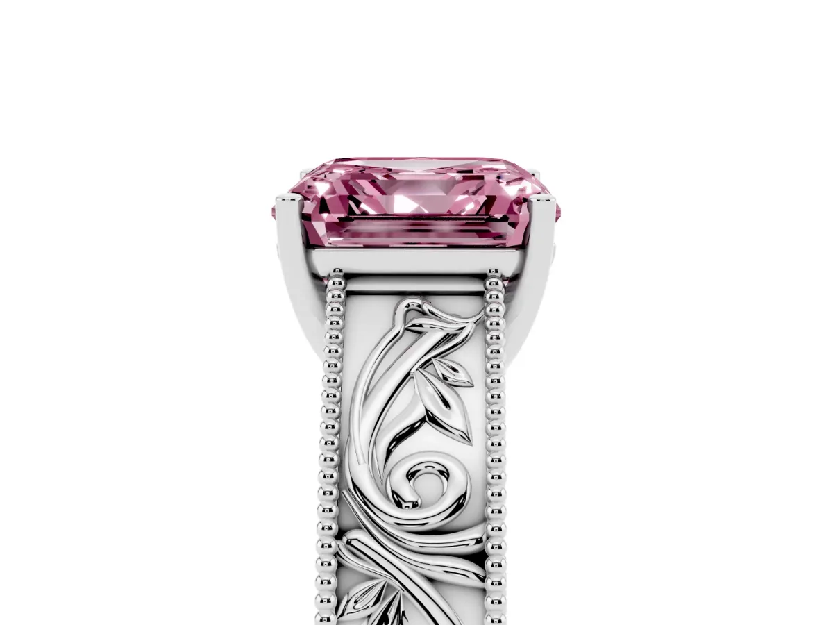 Fancy Pink Asscher Cut Diamond Solitaire Ring with Engraved Band and Four-Prong Setting Silver