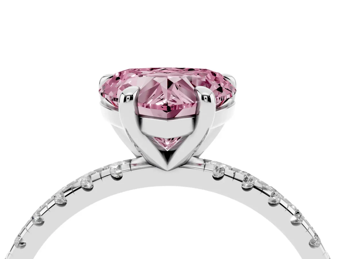 Fancy Pink Heart Cut Diamond Brilliant Solitaire Ring with Pavé Band and Four-Prong Setting Platinum