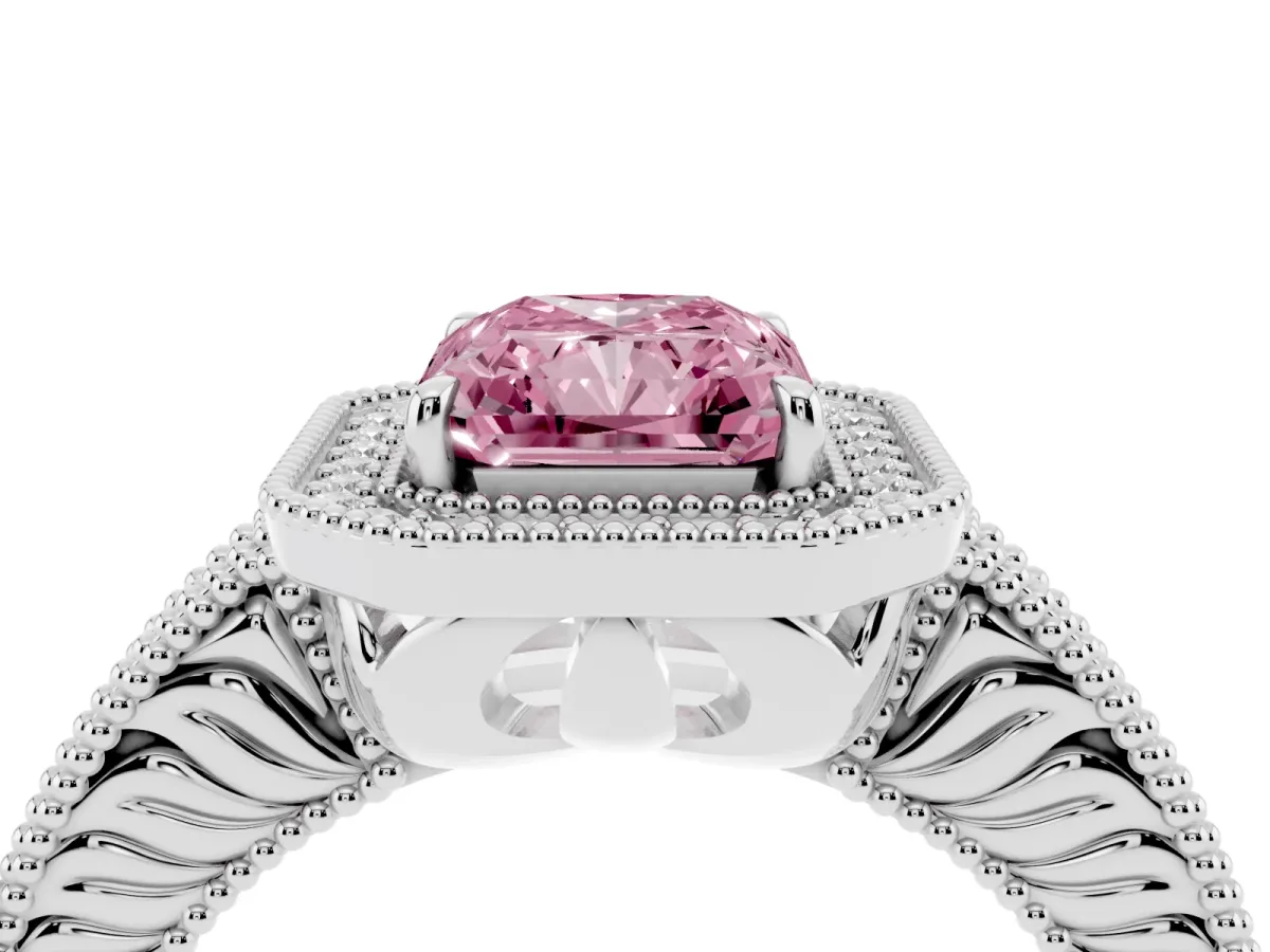 Fancy Pink Radiant Cut Cut Halo Diamond Ring with Pavé Band and Four-Prong Setting Silver