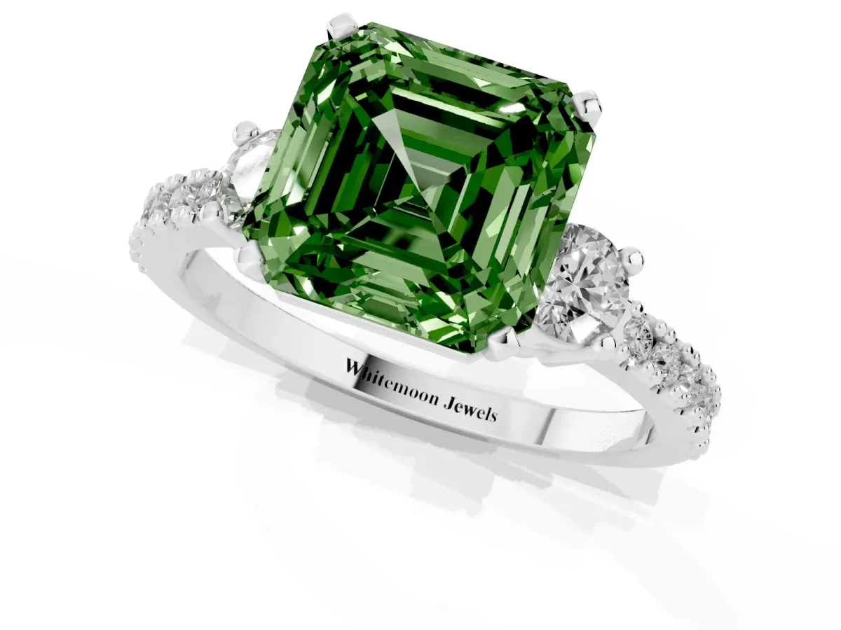 Fancy Green Asscher Cut Three-Stone Diamond Pavé Band with Prong Setting Silver