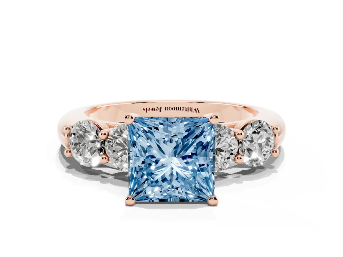 Fancy Blue Princess Cut Cut Five-Stone Prong Set Diamond Ring with Classic Band Rose gold