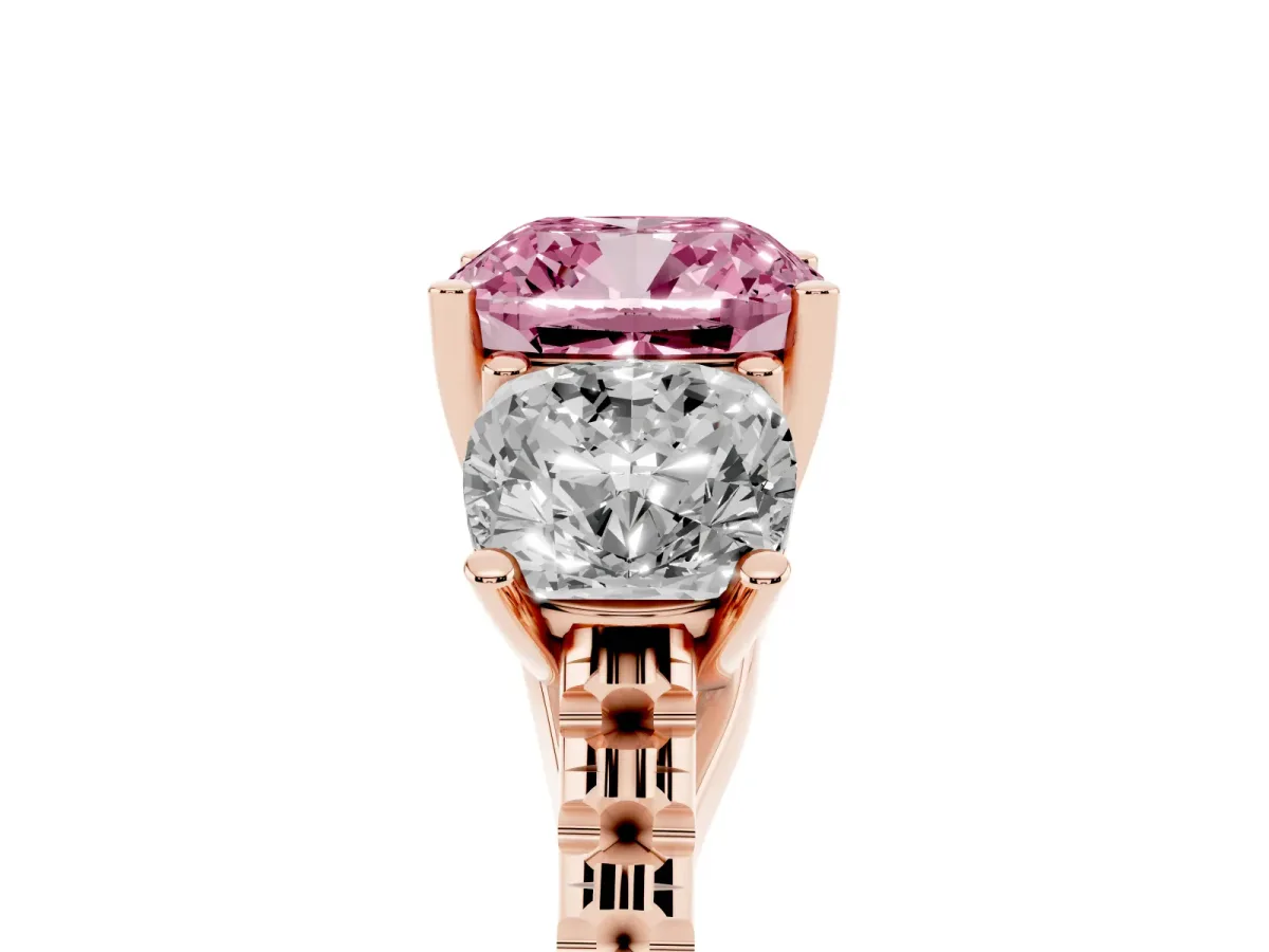 Fancy Pink Three-Stone Cushion Cut Diamond Ring with Round Pavé Band and Prong Setting Rose gold