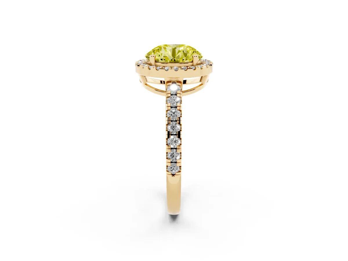 Fancy Yellow Round Cut Diamond Halo Ring with Pavé Band and Four-Prong Setting Yellow gold