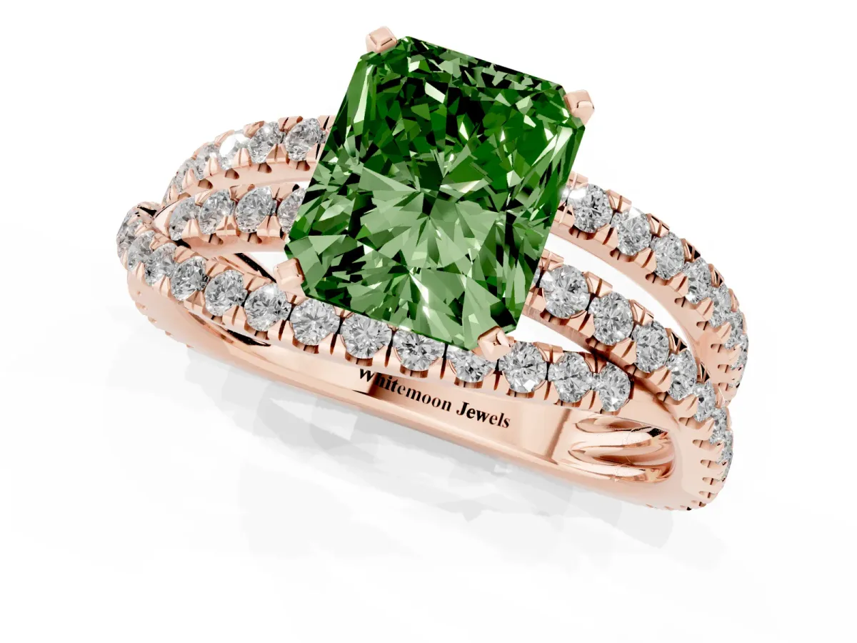 Fancy Green Radiant Cut Solitaire Twist Band with Pavé Setting and Four-Prong Setting Rose gold