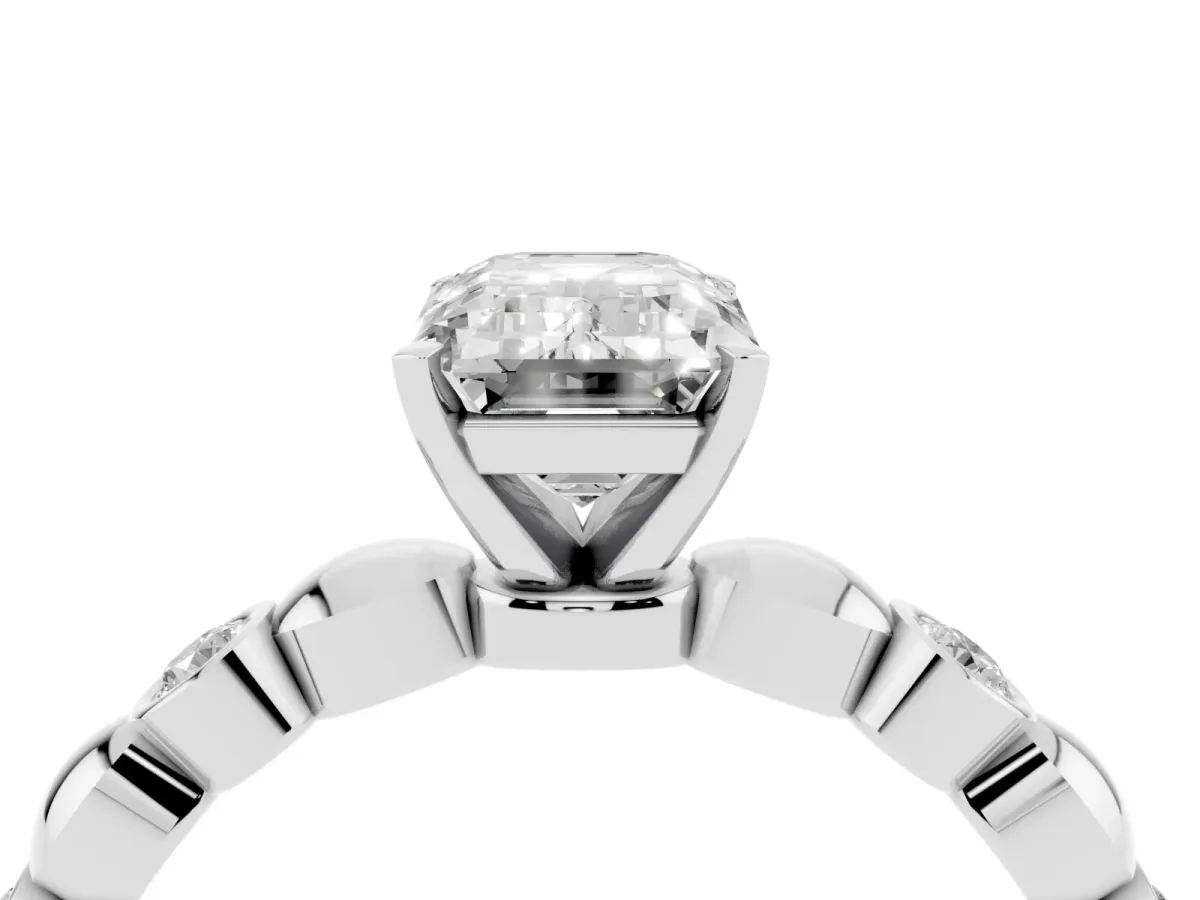 Emerald Cut Solitaire Bezel-Set Diamond Ring with Beaded Band and Four-Prong Setting Silver