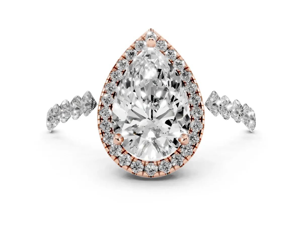 Pear Cut Halo Pavé Diamond Engagement Ring with Four-Prong Setting Rose gold