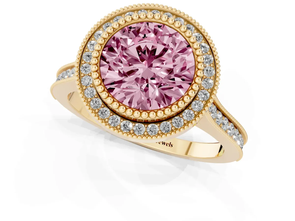 Fancy Pink Round Cut Diamond Halo Ring with Milgrain Frame and Pavé Band Yellow gold