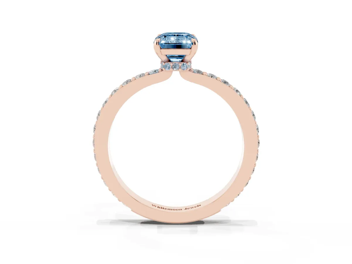 Fancy Blue Emerald Cut Diamond Pavé Engagement Ring with Round Accents and Prong Setting Rose gold