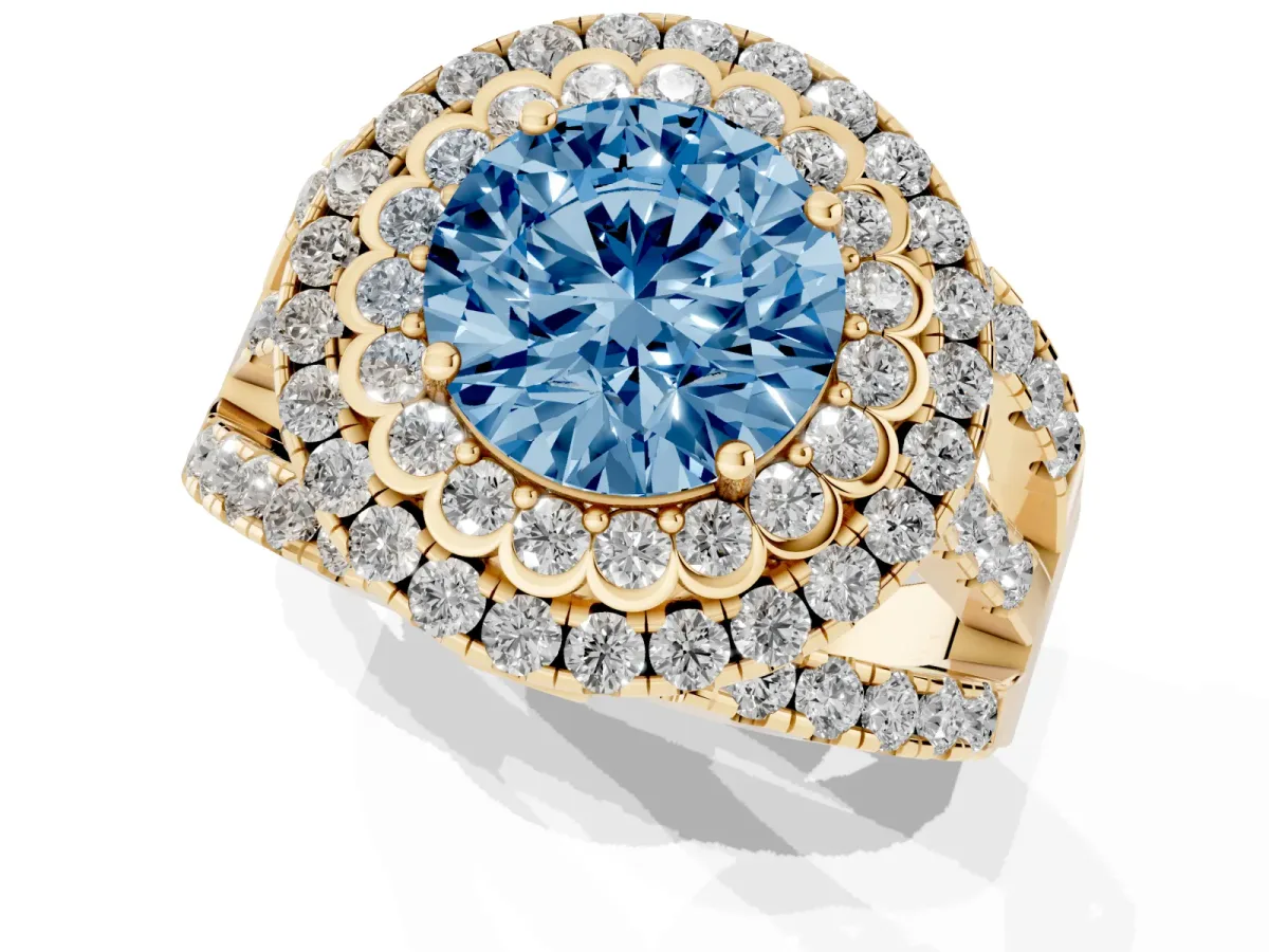 Fancy Blue Round Cut Diamond Double Halo Ring with Round Pavé Split Shank and Prong Setting Yellow gold
