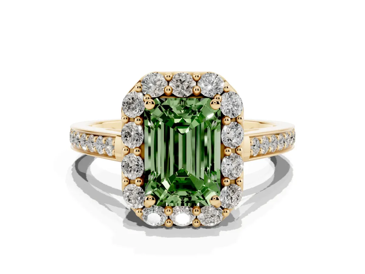 Fancy Green Emerald Cut Diamond Floral Halo Ring with Pavé Band and Prong Setting Yellow gold
