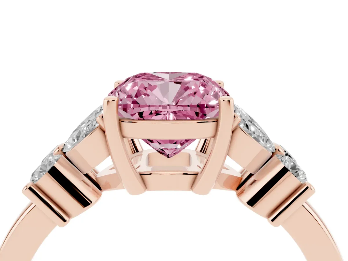 Fancy Pink Cushion Cut Diamond Floral Cluster Ring with Solitaire Band and Prong Setting Rose gold