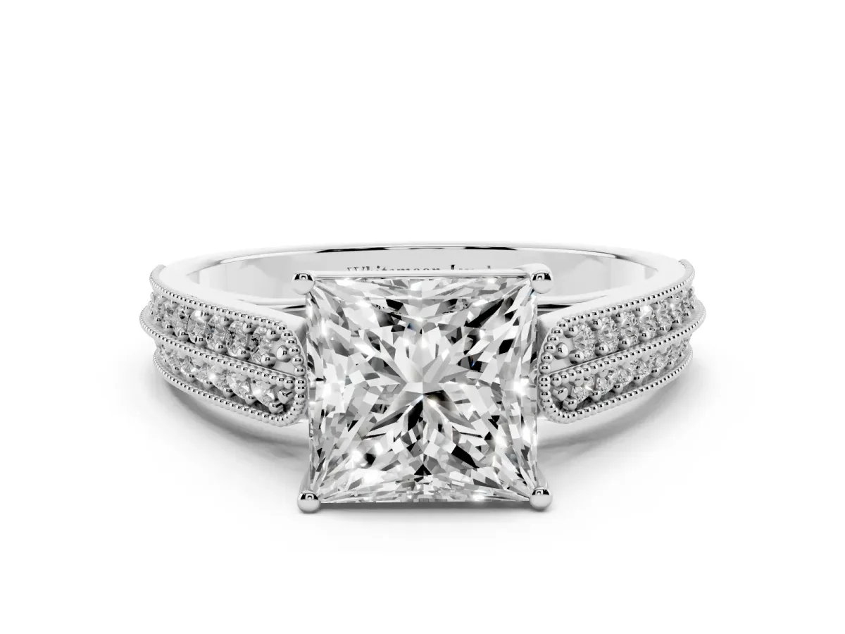 Princess Cut Cut Pave Split Shank Engagement Ring with Four-Prong Setting Platinum