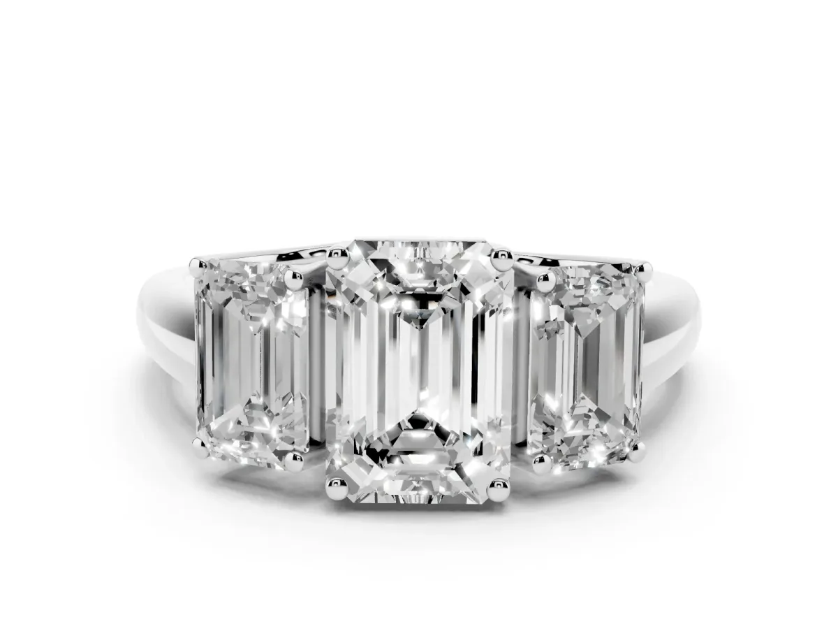 Three-Stone Emerald Cut Diamond Engagement Ring with Prong Setting Platinum