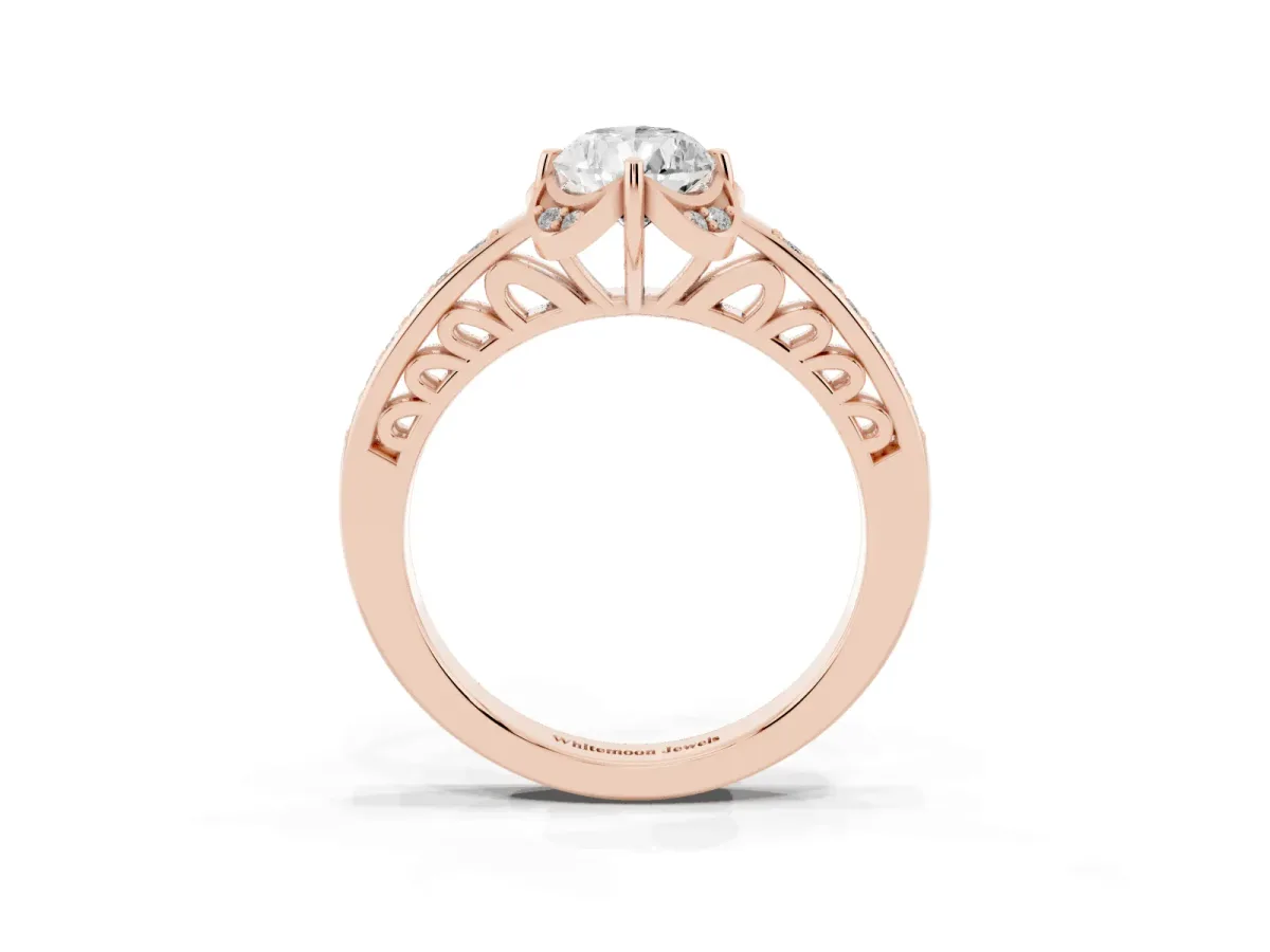 Pear Cut Cut Halo Diamond Ring with Channel Set Band and Four-Prong Setting Rose gold