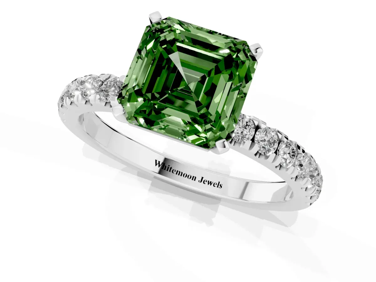 Fancy Green Asscher Cut Diamond Solitaire Ring with Pavé Accents and Four-Prong Setting Platinum