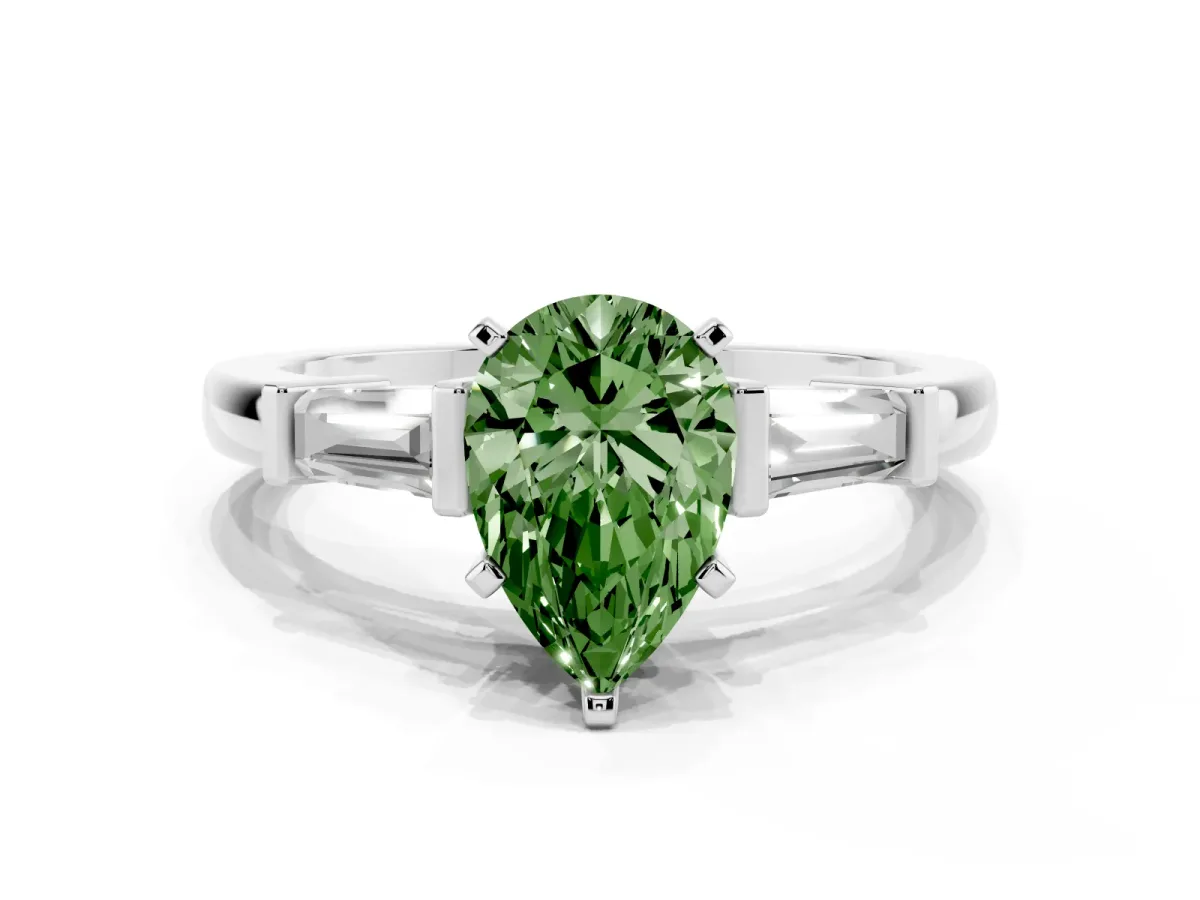 Fancy Green Pear Cut Cut Diamond Solitaire Ring with Tapered Baguette Accents and Four-Prong Setting Silver