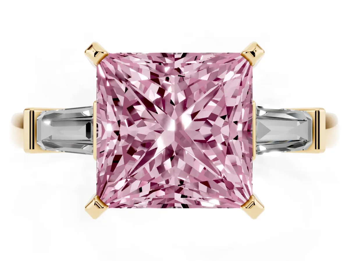 Fancy Pink Princess Cut Cut Diamond Solitaire Ring with Tapered Baguette Accents and Four-Prong Setting Yellow gold