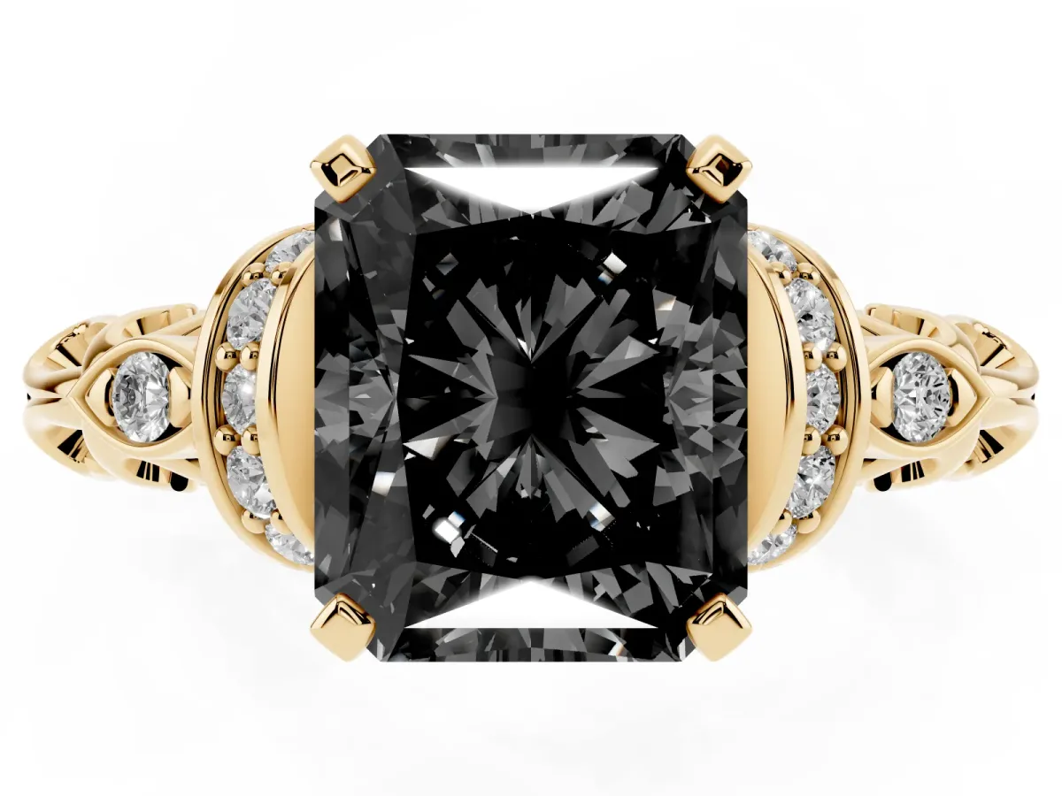 Fancy Black Radiant Cut Diamond Solitaire Ring with Filigree Band and Four-Prong Setting Yellow gold