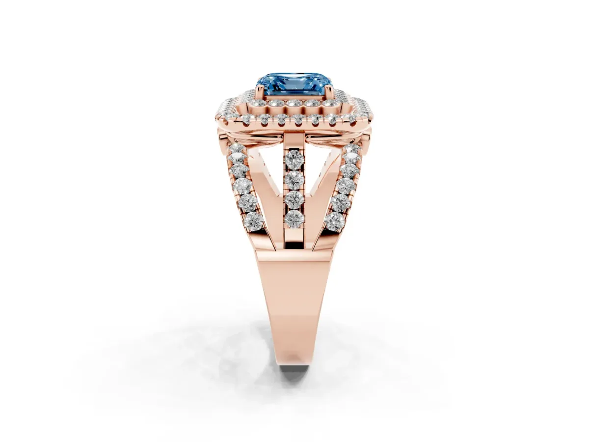 Fancy Blue Asscher Cut Diamond Double Halo Ring with Round Pavé Split Shank and Prong Setting Rose gold