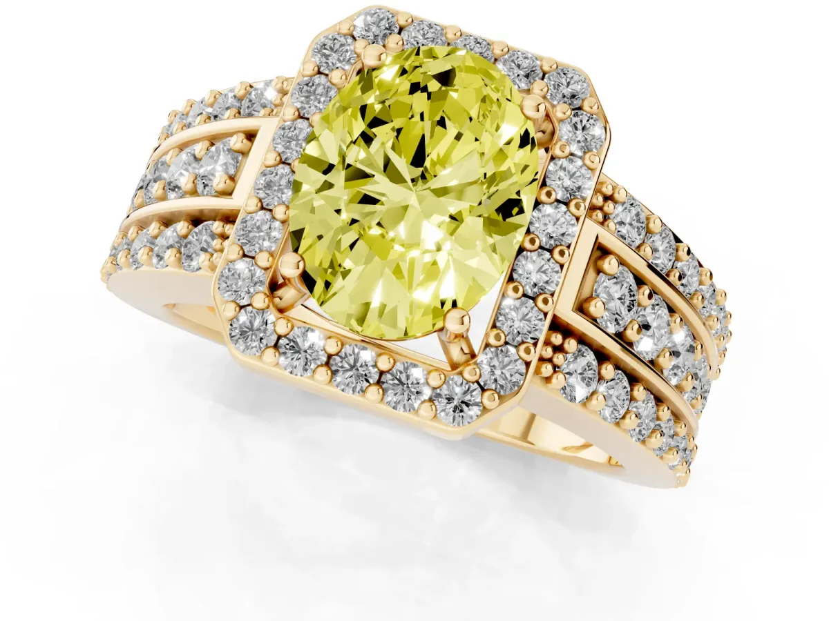 Fancy Yellow Oval Cut Halo Diamond Ring with Round Split Shank and Prong Setting Yellow gold