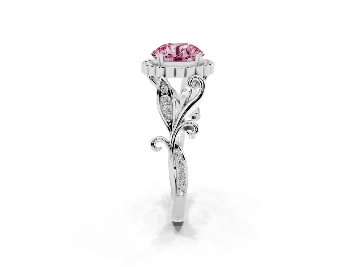 Fancy Pink Round Cut Diamond Halo Ring with Vintage Split Shank and Four-Prong Setting Silver