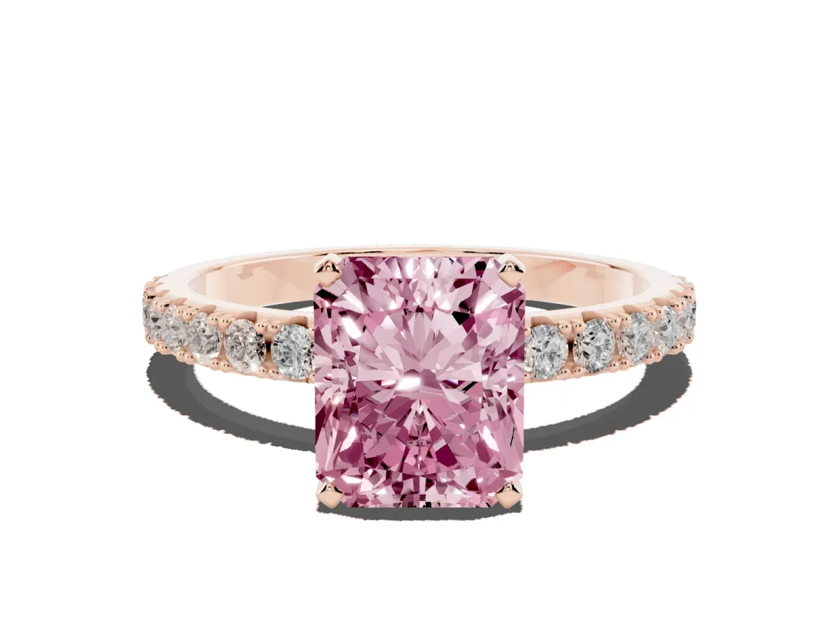 Fancy Pink Radiant Cut Diamond Solitaire Pavé Band with Four-Prong Setting Rose gold