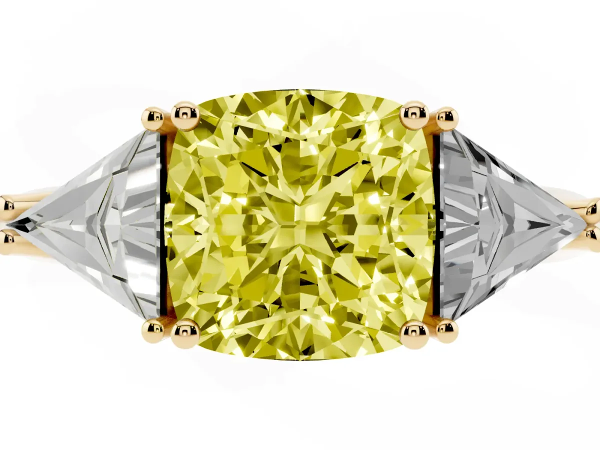 Fancy Yellow Three-Stone Cushion Cut Diamond Engagement Ring with Trillion Side Stones and Prong Setting Yellow gold