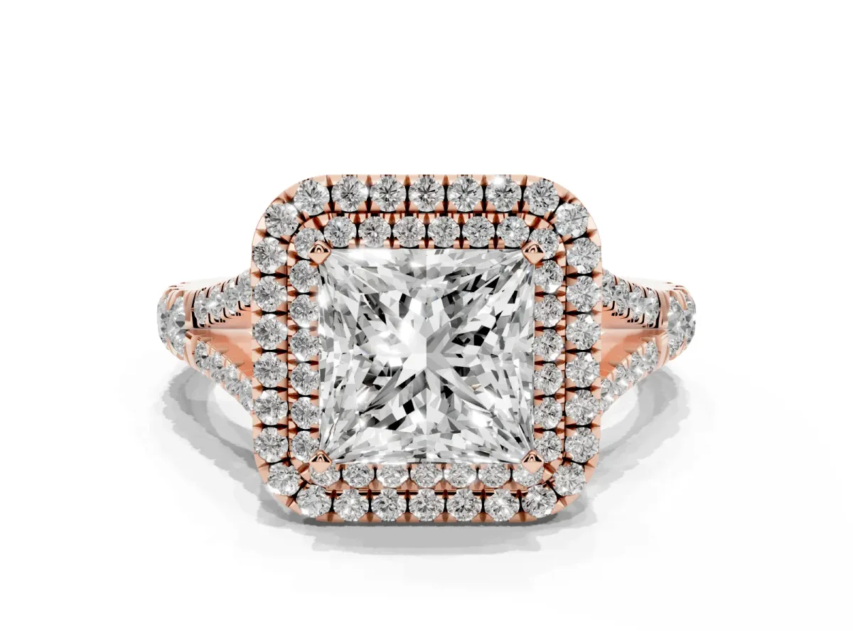 Double Halo Princess Cut Diamond Split Shank Engagement Ring with Four-Prong Setting Rose gold