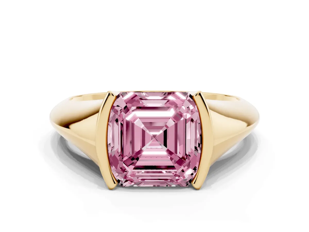 Fancy Pink Asscher Cut Solitaire Tension Set Diamond Ring Yellow gold
