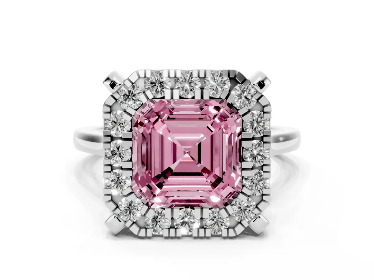 Fancy Pink Asscher Cut Diamond Cluster Halo Solitaire with Four-Prong Setting Platinum