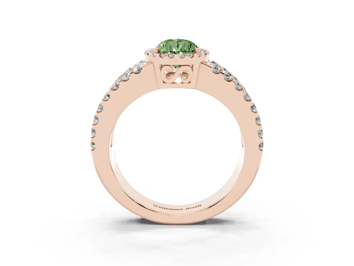 Fancy Green Pear Cut Cut Halo Split Shank Diamond Ring with Four-Prong Setting Rose gold