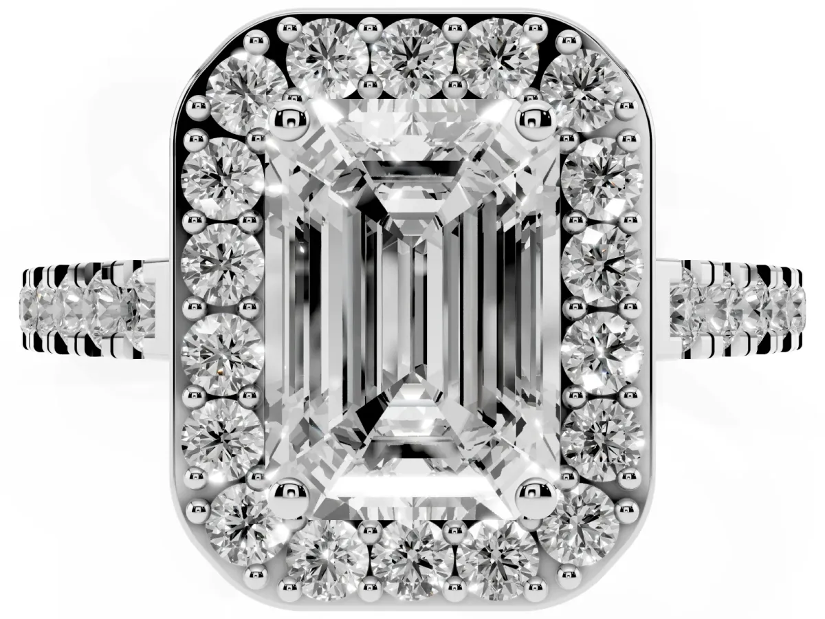 Emerald Cut Diamond Halo Ring with Round Pavé Split Shank and Prong Setting Silver