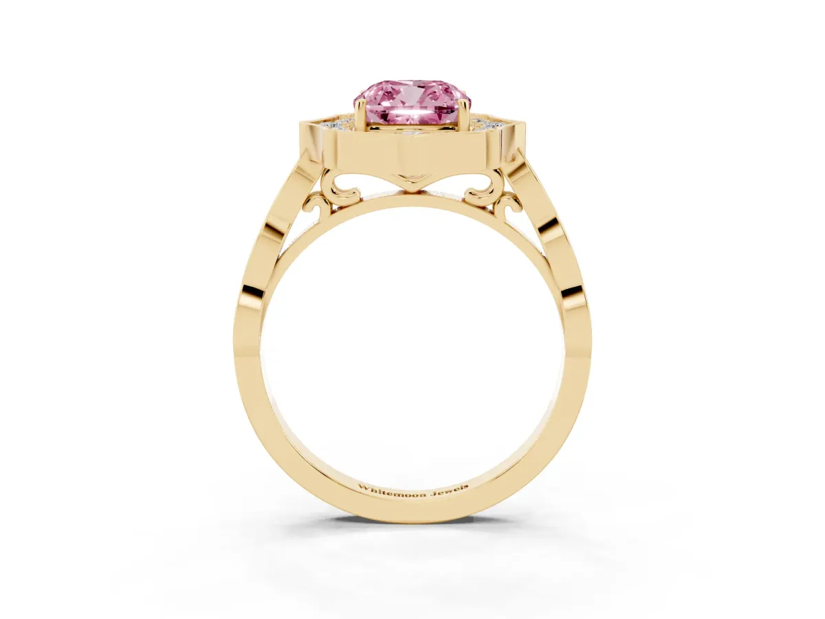 Fancy Pink Cushion Cut Halo Diamond Engagement Ring with Milgrain Band and Four-Prong Setting Yellow gold